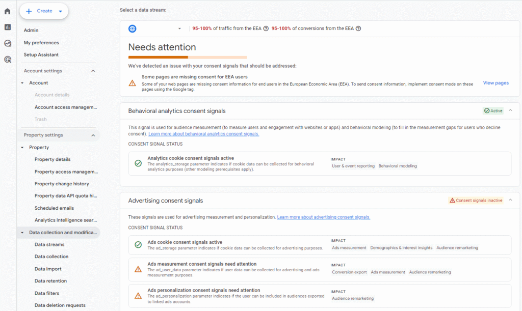 Screenshot impostazioni Consent Mode v2 in GA4